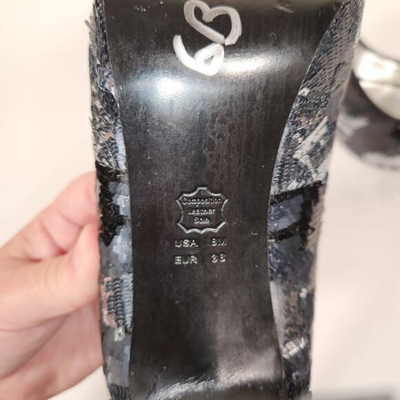 NINA NEW YORK Evan Heel Womens 8M Black Silver Sequins Satin Platform Peep Toe - Picture 2 of 11